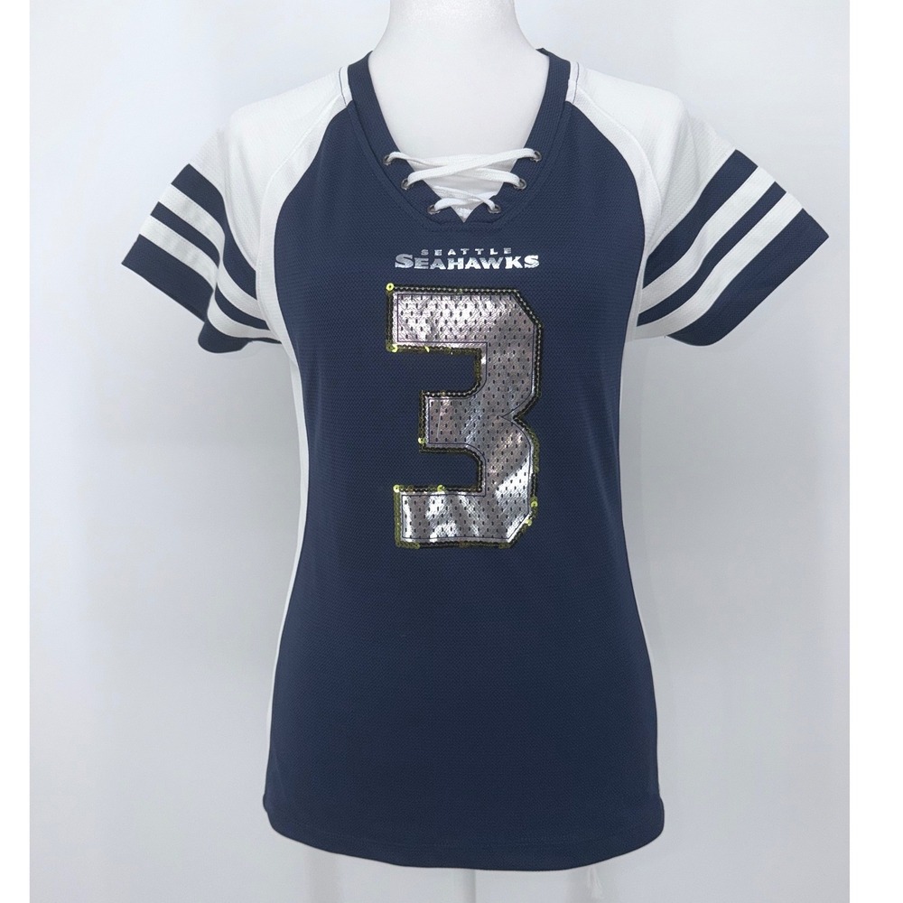 Majestic Seattle Seahawks Russell Wilson 3 Sequin Jersey Top Navy White Small